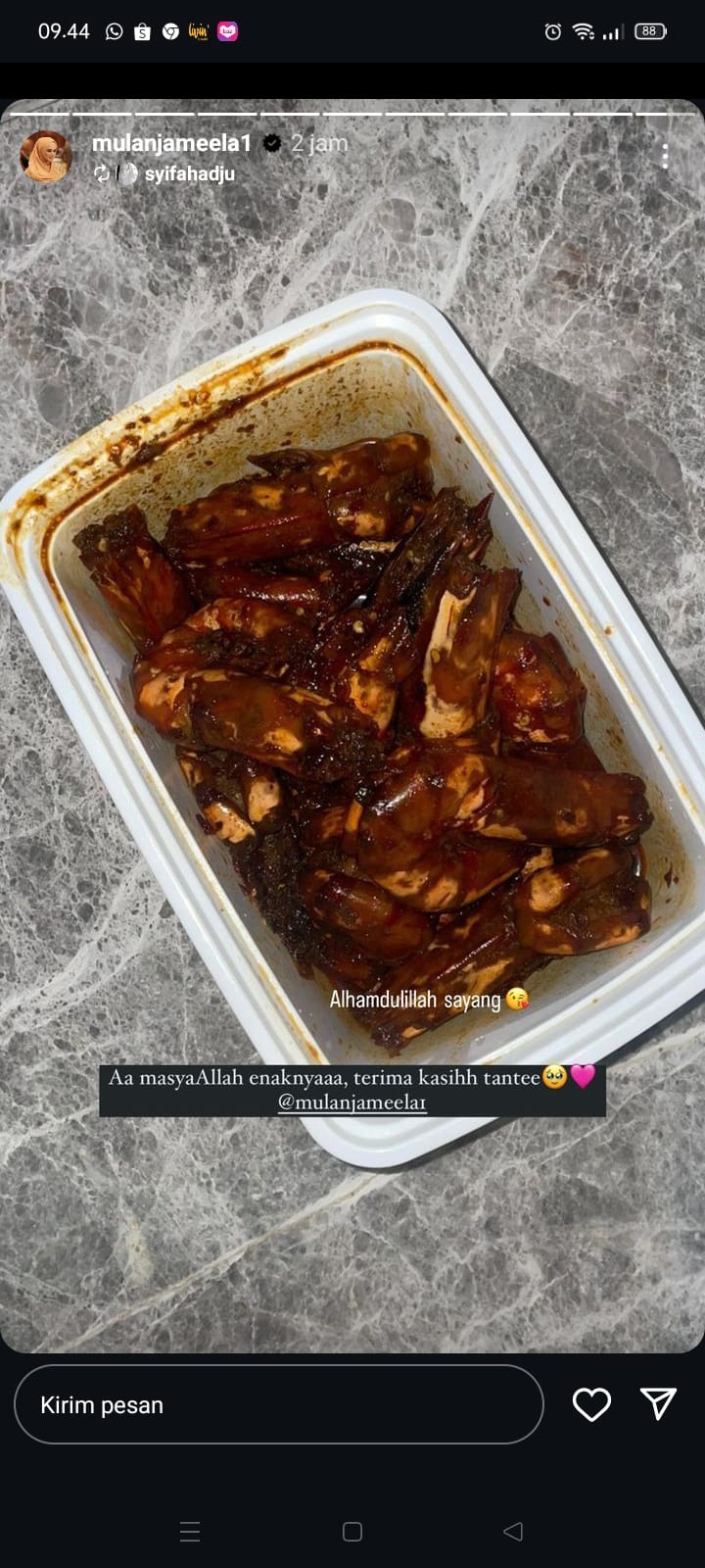 postingan Syifa Hadju dikirimin makanan oleh Mulan Jameela.