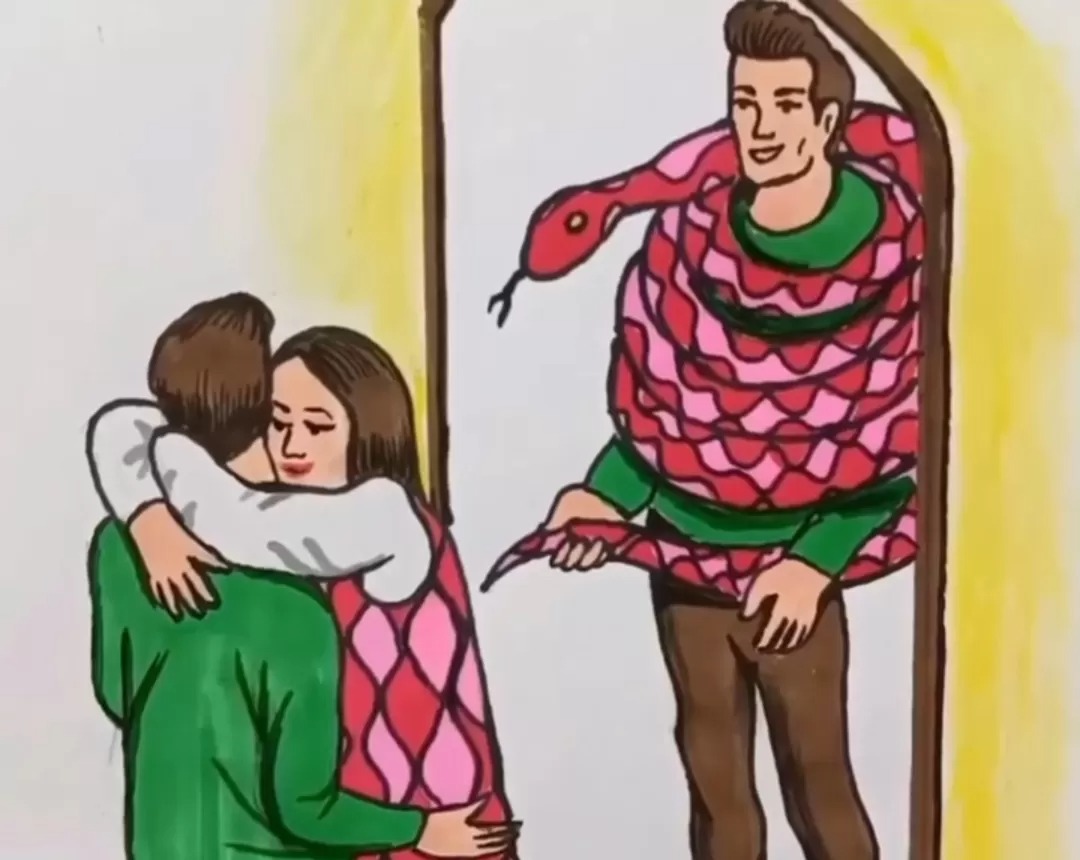 Gambar pria dipeluk perempuan berwujud ular, dianggap netizen isyarat masalah dalam keretakan rumah tangga Andre Taulany dan Erin.