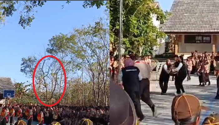 Sebuah pohon tumbang menimpa barisan para siswa yang sedang Upacara Hari Pramuka ke-63 di Wuryantoro Wonogiri.