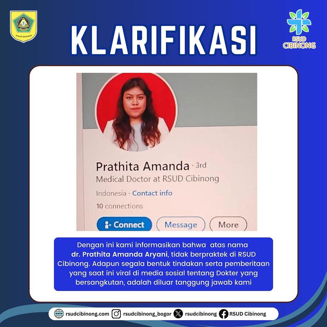 Unggahan RSUD Cibinong soal Prathita Amanda Aryani.
