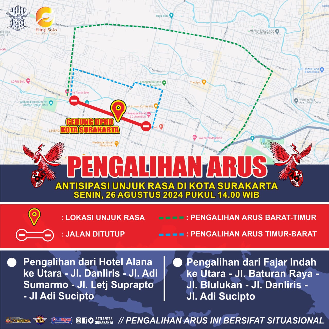 Waspada pengalihan arus untuk antisipasi unjuk rasa di Gedung DPRD Surakarta hari ini.