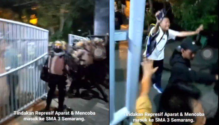 Aksi represif polisi di unjuk rasa Semarang hingga hendak masuk ke lingkungan SMA Negeri 3 Semarang.