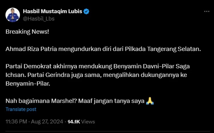 Politisi Gerindra Hasbil saat umumkan  mundurnya Ahmad Riza Patria.