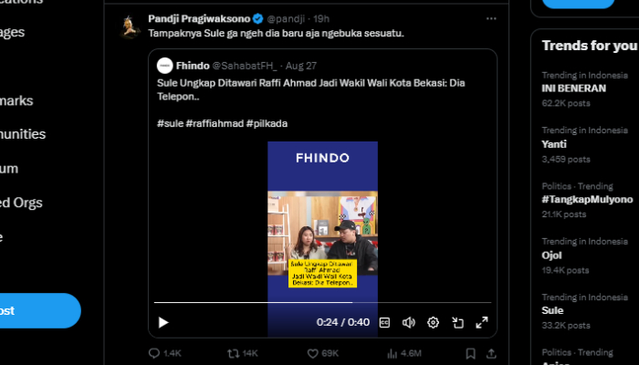 Cuitan Pandji Pragiwaksono soal cuplikan podcast Sule dengan Kiky Saputri.