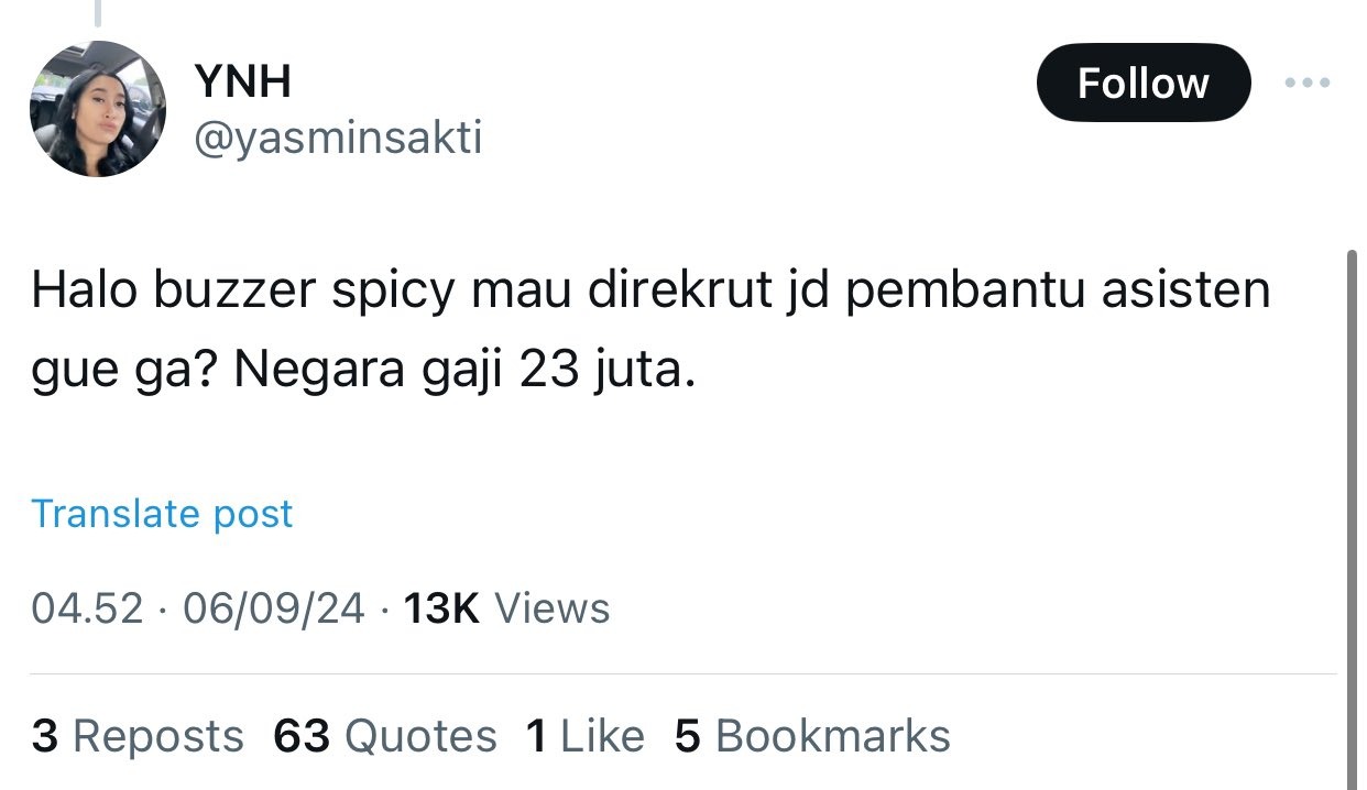 Cuitan Yasmin Nur di X soal gaji pembantu asisten Stafsus.