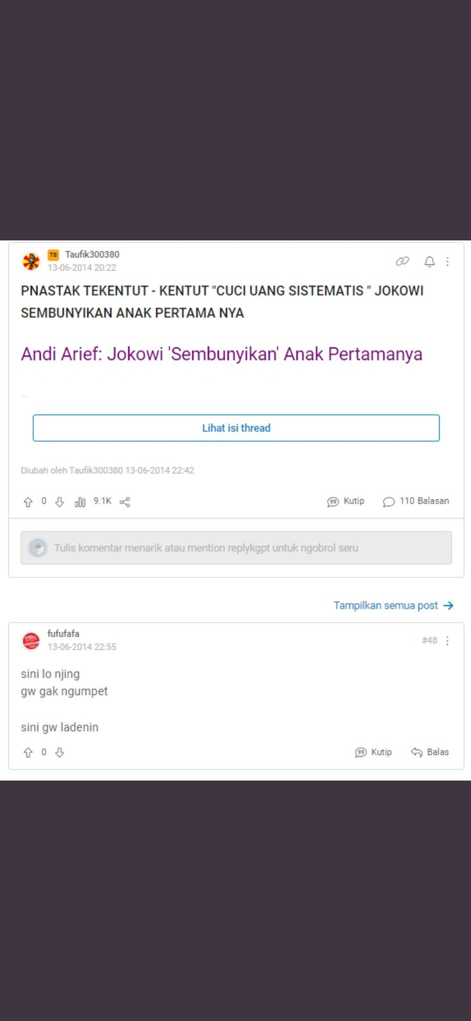 Tangkapan layar akun Fufufafa menanggapi Andi Arief soal anak pertama Jokowi, benar Gibran Rakabuming?