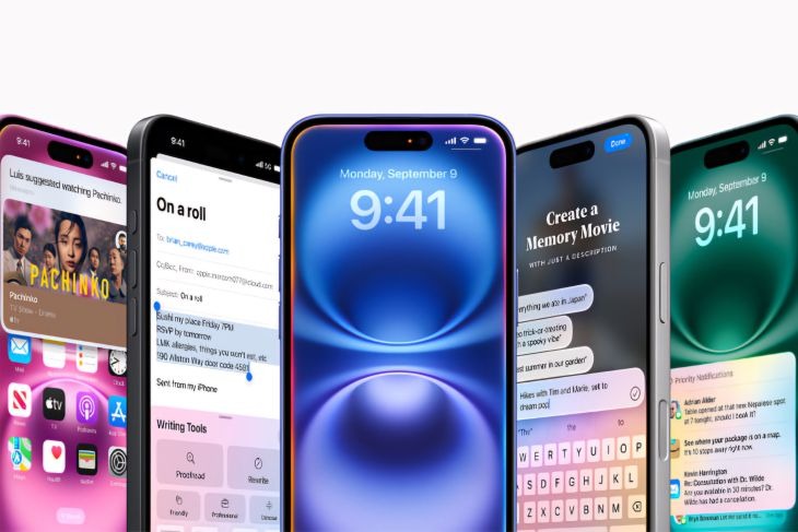 Tampilan layar iPhone 16 yang dirilis dengan desain baru dan warna yang makin cerah.