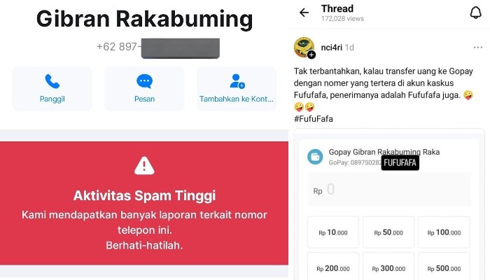 Bukti nomor ponsel Fufufafa bernama Gibran Rakabuming.