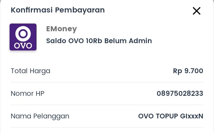 Topup OVO dengan nama Gibran Rakabuming.