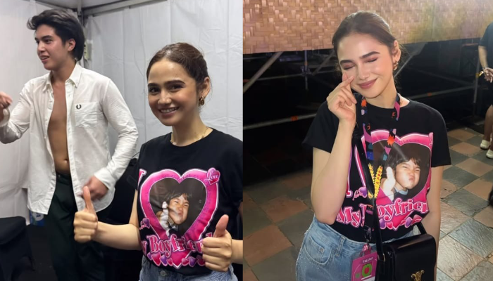 Syifa Hadju kenakan kaos hitam bertuliskan I Love my boyfriend dengan tambahan foto El Rumi.