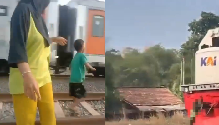 Rekaman amatir 4 orang terlibat laka kereta api di perlintasan stasiun Cikampek-Tanjungrasa.