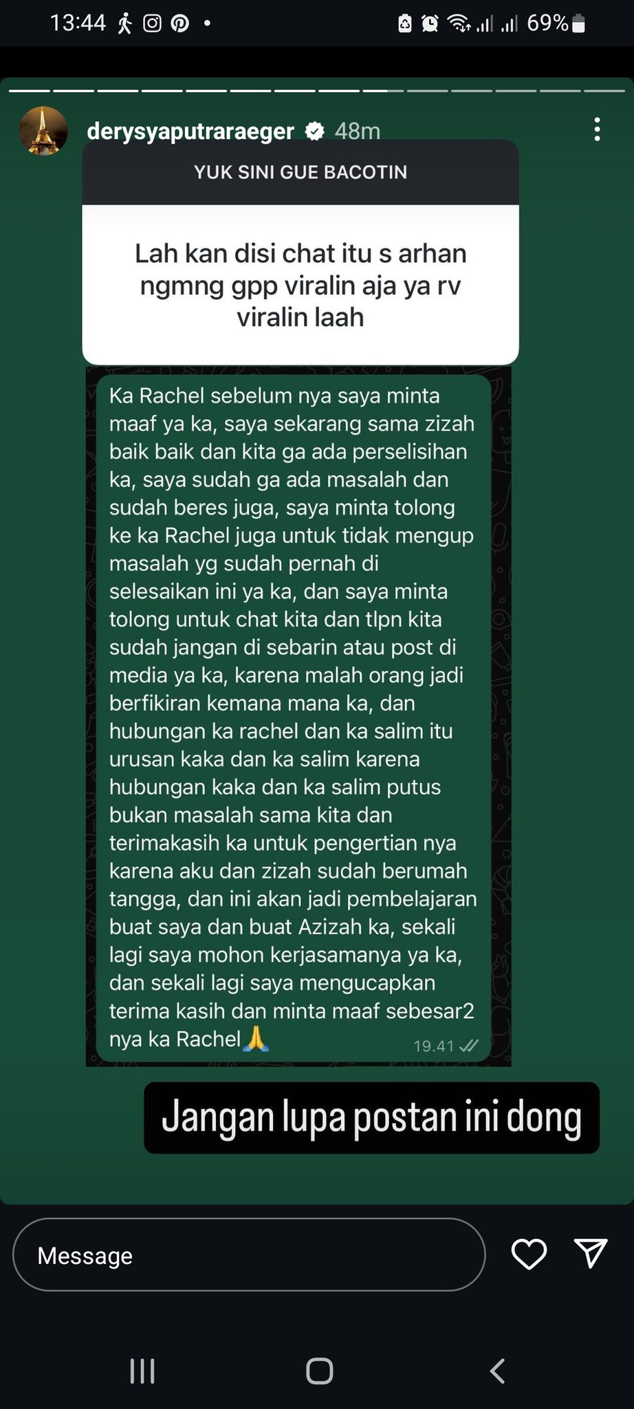 Chat diduga Pratama Arhan ke Rachel Vennya.