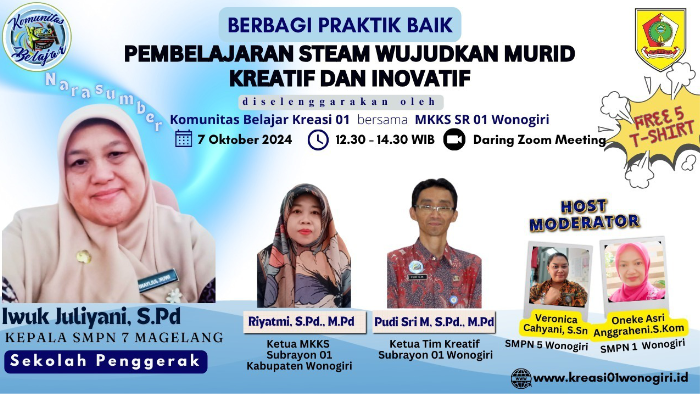 Komunitas Belajar Kreasi 01 bekerjasama dengan MKKS Subrayon 01 Kabupaten Wonogiri pada Senin,  7 Oktober 2024 menggelar Berbagi Praktik baik.