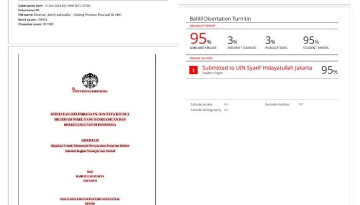 Hasil cek Turnitin disertasi Bahlil Lahadalia.