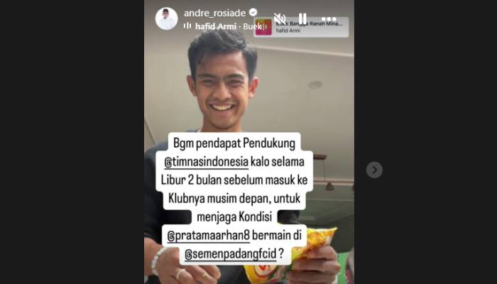 Unggahan Andre Rosiade terhadap karir Pramata Arhan.