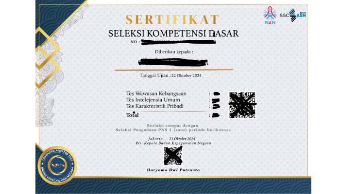 Contoh sertifikat SKD CPNS 2024.