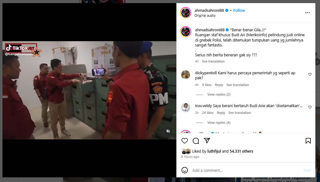 Akun Ahmad Sahroni bagikan video dengan narasi penggerebekan kantor stafsus Budi Arie.