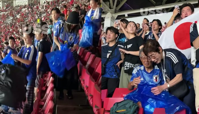 Supporter Jepang viral bersihkan sampah di GBK usai pertandingan pada Jumat (15/11/24).