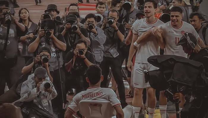 Selebrasi Marselino Ferdinan usai cetak 2 gol lawan Arab Saudi.