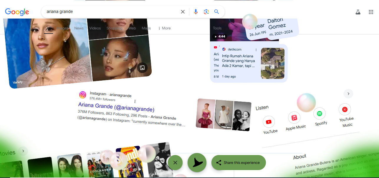 Animasi unik saat mencari kata kunci Ariana Grande lewat kolom pencarian Google.
