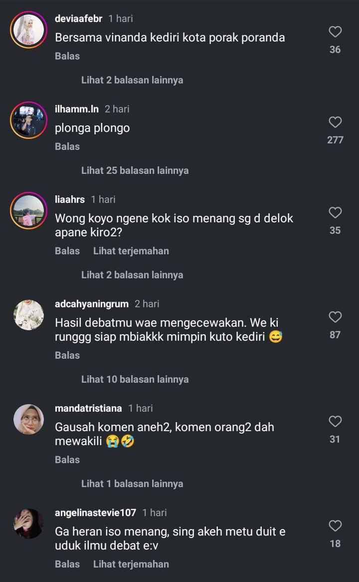 Kumpukan komentar warganet di akun instagram Vinanda Paslon dengan suara terbanyak dalam Pemilihan Calon Walikota Kediri.