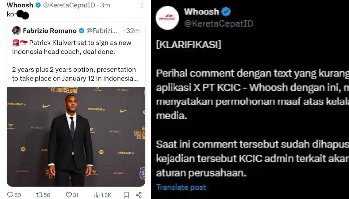 Klarifikasi dan permintaan maaf PT KCIC atas komentar kasar admin akun X Whoosh terhadap Patrick Kluivert.