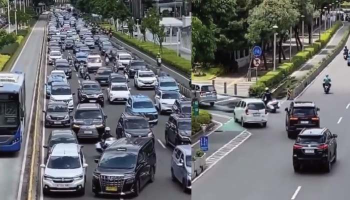 Mobil RI 36 yang dikawal di jalanan.