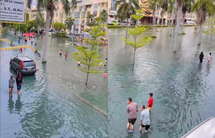 Viral penampakan banjir Jakarta dengan air berwarna biru.