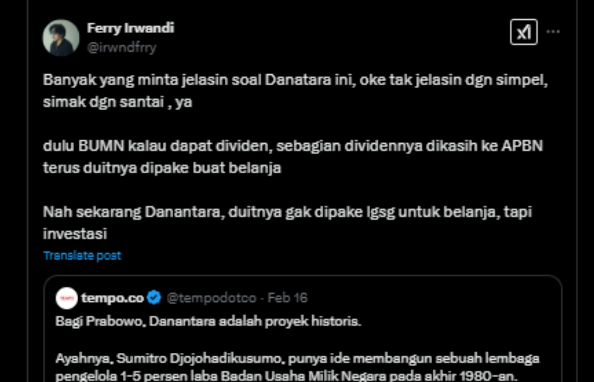 Soal Danantara buatan Prabowo Subianto, Ferry Irwandi sebut bisa jai bencana ekonomi.