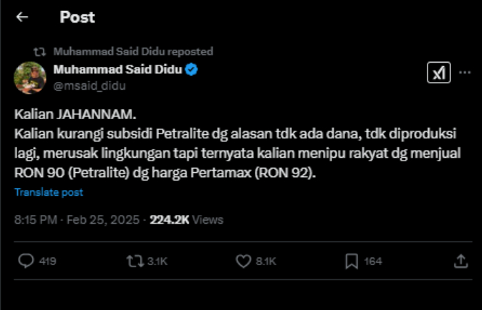 Cuitan di X Said Didu soal Pertamina yang diduga oplos Pertamax dengan Pertalite.