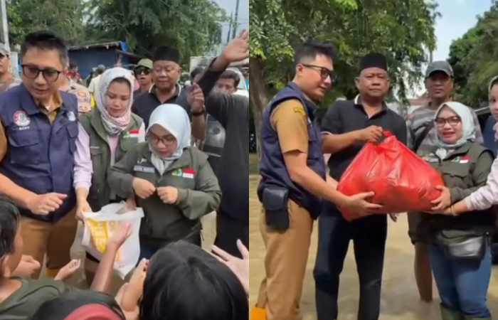 Istri Wali Kota Bekasi Wiwiek Hargono yang menyapa korban banjir