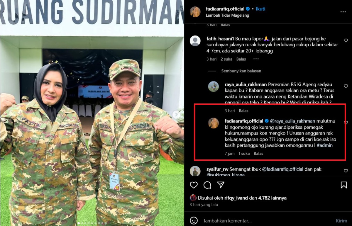 Viral jawaban kasar akun Instagram Bupati Pekalongan Fadia A Rafiq.