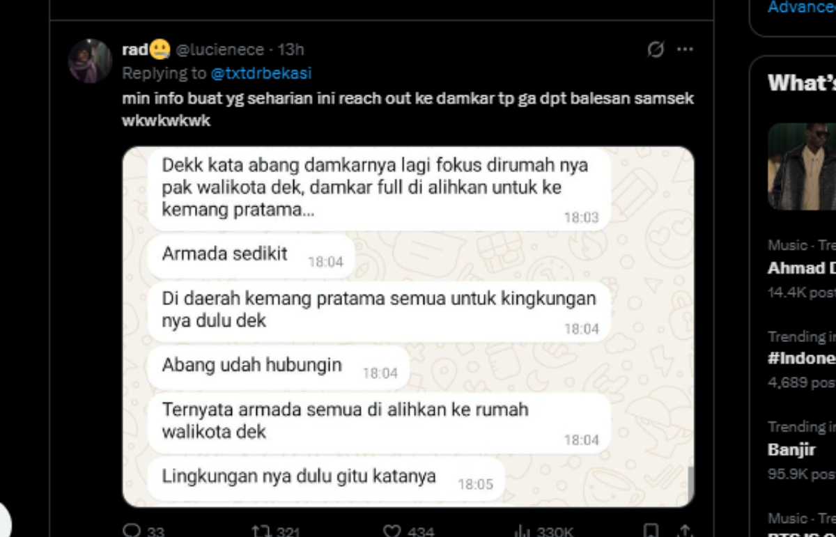 Viral curhatan warga soal Damkar yang diduga diboyong Wali Kota Bekasi Tri Adhianto saat banjir.