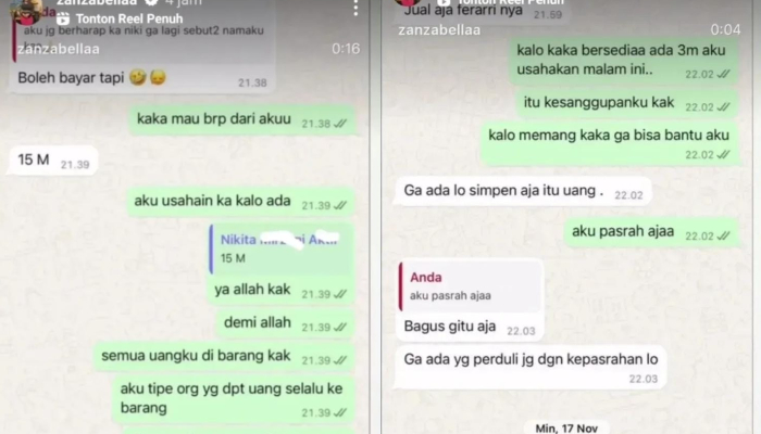 Tangkapan layar  bukti chat yang diduga owner skin care Daviena dengan Nikita Mirzani yang tersebar di media sosial.