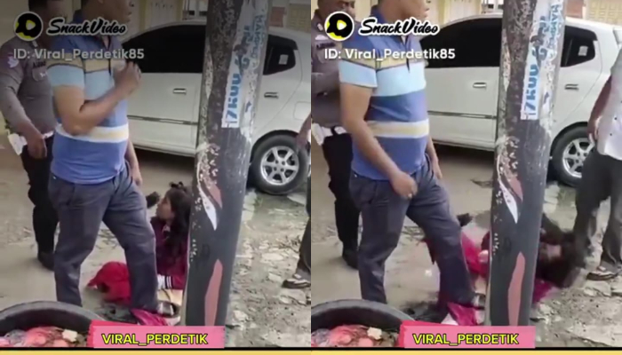 Tangkapan layar video pria berseragam polisi yang tendang kepala ODGJ perempuan di Sumatera Utara.