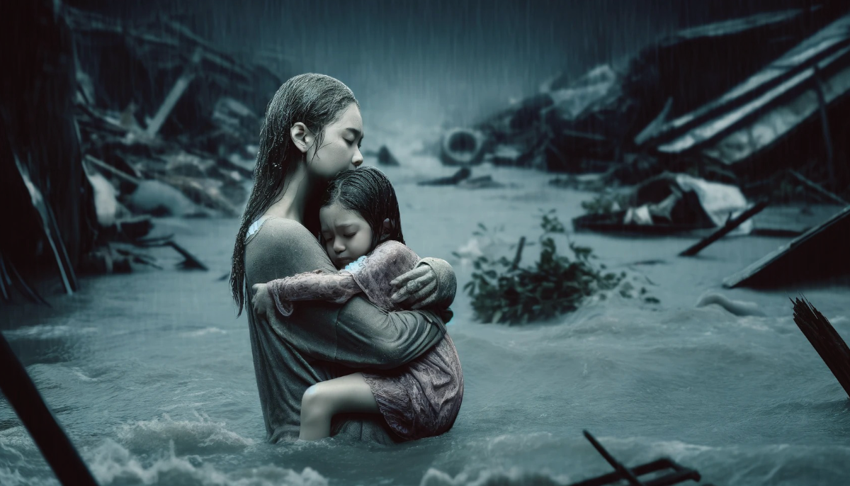 Ilustrasi ibu dan anak korban banjir di Sukabumi yang meninggal dunia dalam keadaan berpelukan.