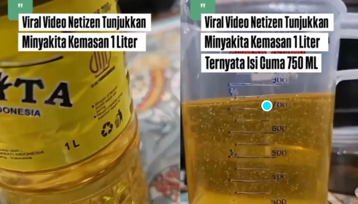 Tangkapan layar video netizen yang menunjukkan volume asli Minyak Kita tidak sesuai kemasan.