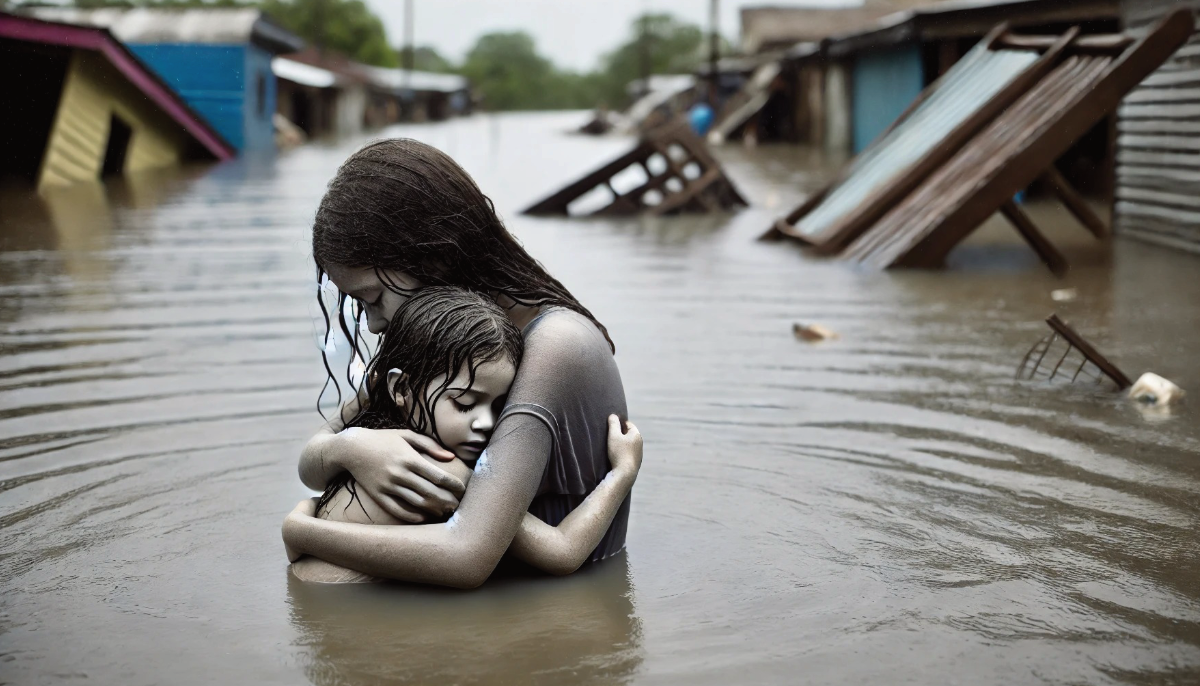 Ilustrasi ibu dan anak korban banjir di Sukabumi yang meninggal dunia dalam keadaan berpelukan.