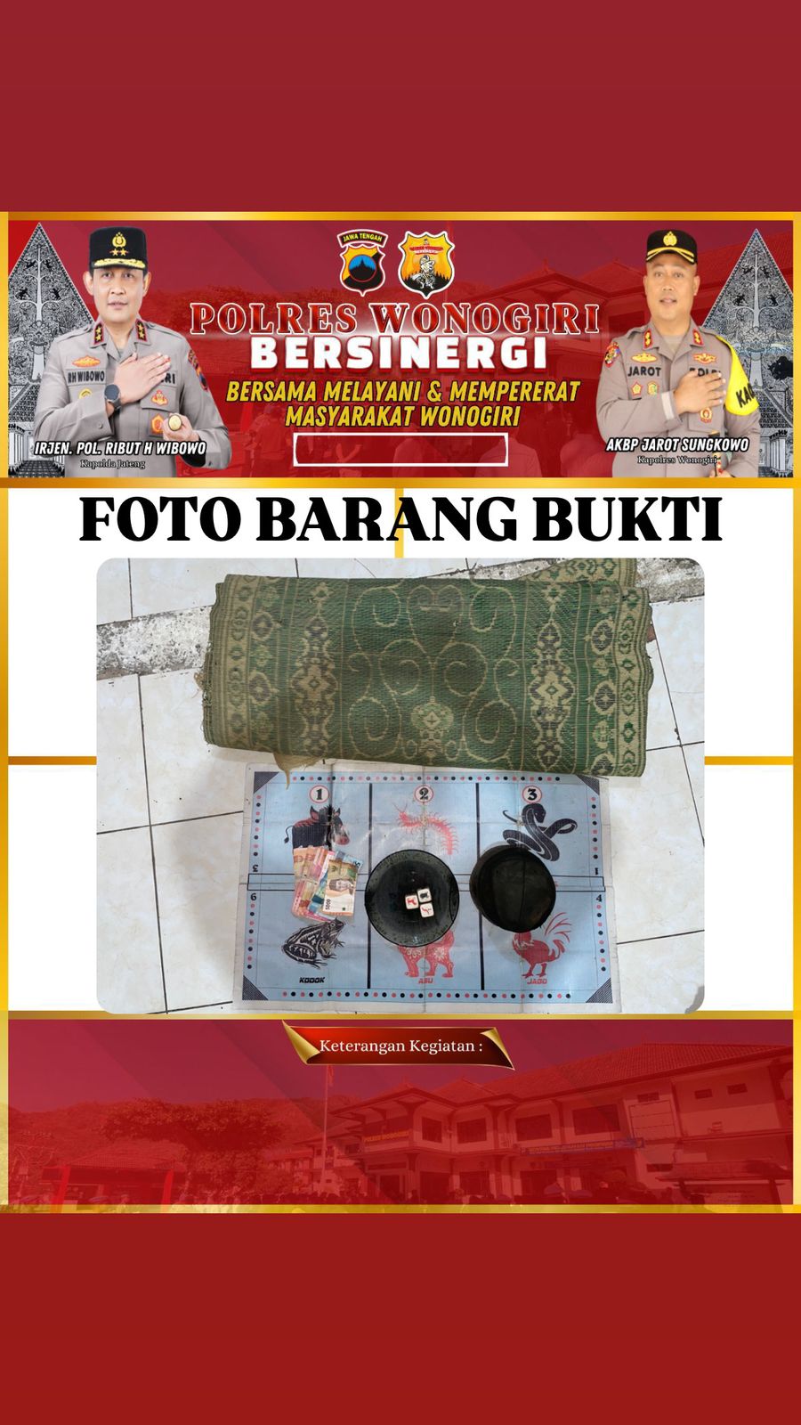 Barang bukti berupa satu set alat judi dadu serta uang tunai senilai Rp 750.000