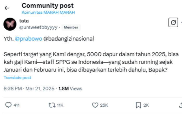 Pegawai Badan Gizi Nasional mengaku belum digaji sejak awal 2025.