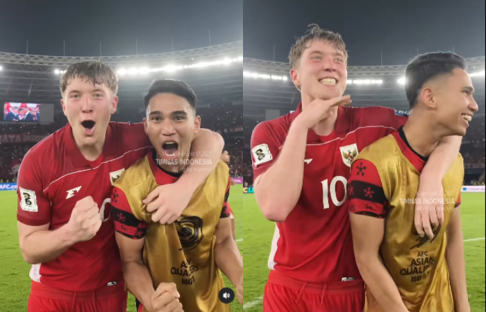 Selebrasi Ole Romeny dan Marselino Ferdinan saat Timnas Indonesia berhasil kalahkan Bahrain.