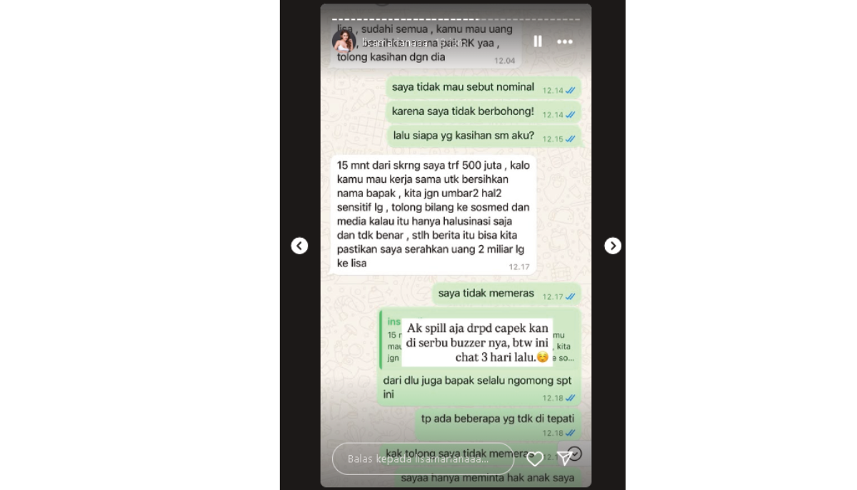 Pesan diduga dikirimkan oleh tim Ridwan Kamil untuk Lisa Mariana.