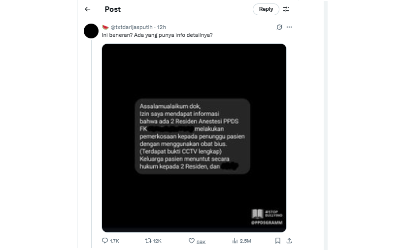 Viral diduga dokter residen anestesi bius dan rudapaksa penunggu pasien.