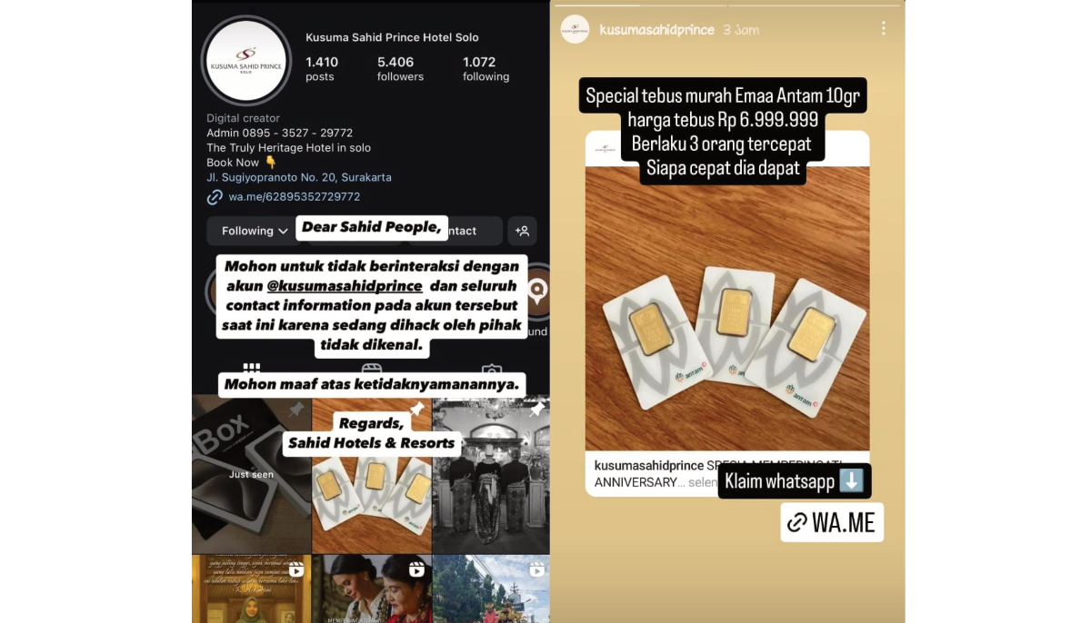 Akun instagram ofisial Kusuma Sahid Prince Hotel menjadi korban peretasan oleh oknum tidak bertanggung jawab, pada Rabu (23/4).