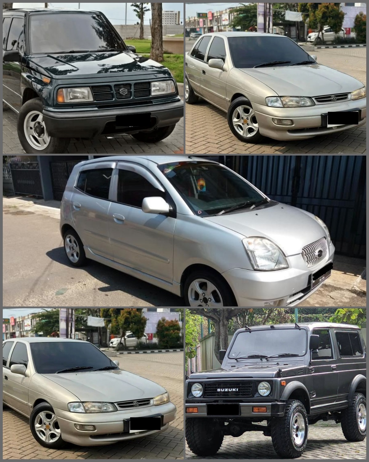 Kolase mobil bekas Suzuki Escudo, Toyota Soluna, Kia Picanto, Suzuki Jimny, Timor/Kia Sephia.