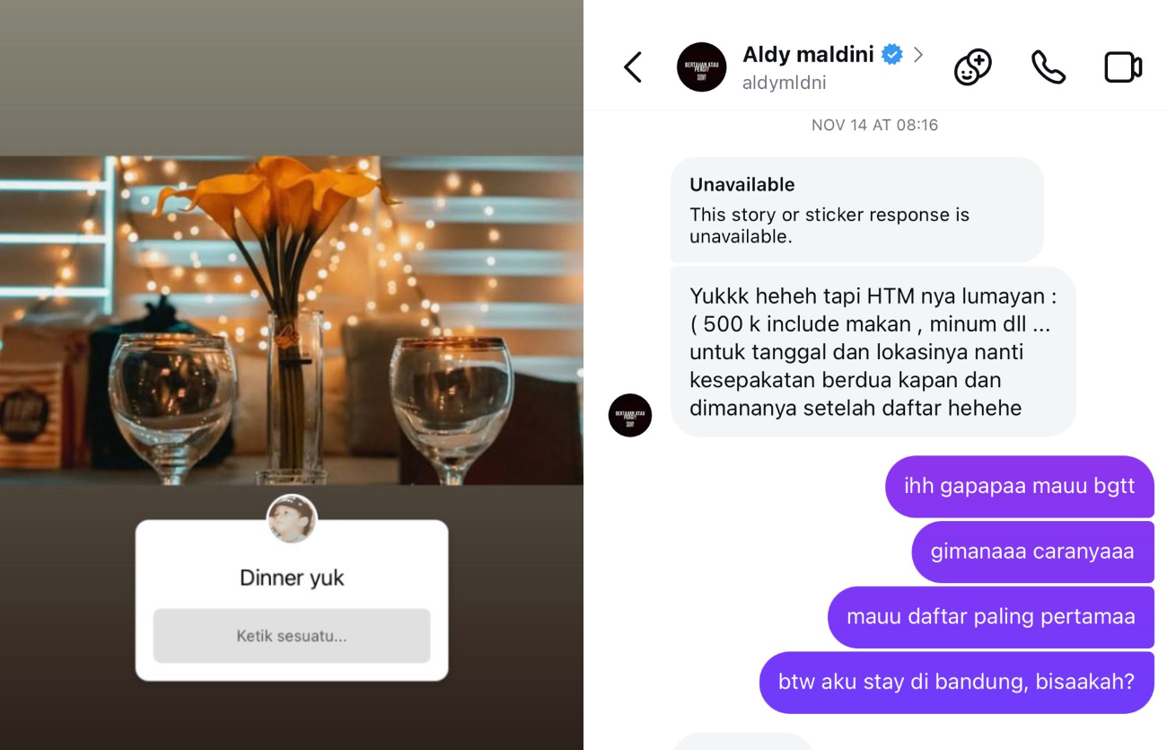 Isi DM Aldy soal ajakan dinner berbayar.