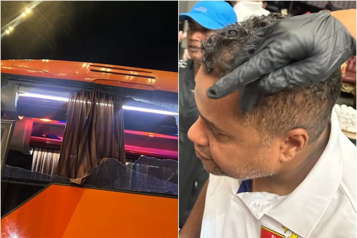 Kondisi bus pemain Persik Kediri dilempari oknum suporter (kiri) dan kondisi Coach Toyo yang terkena serpihan kaca.
