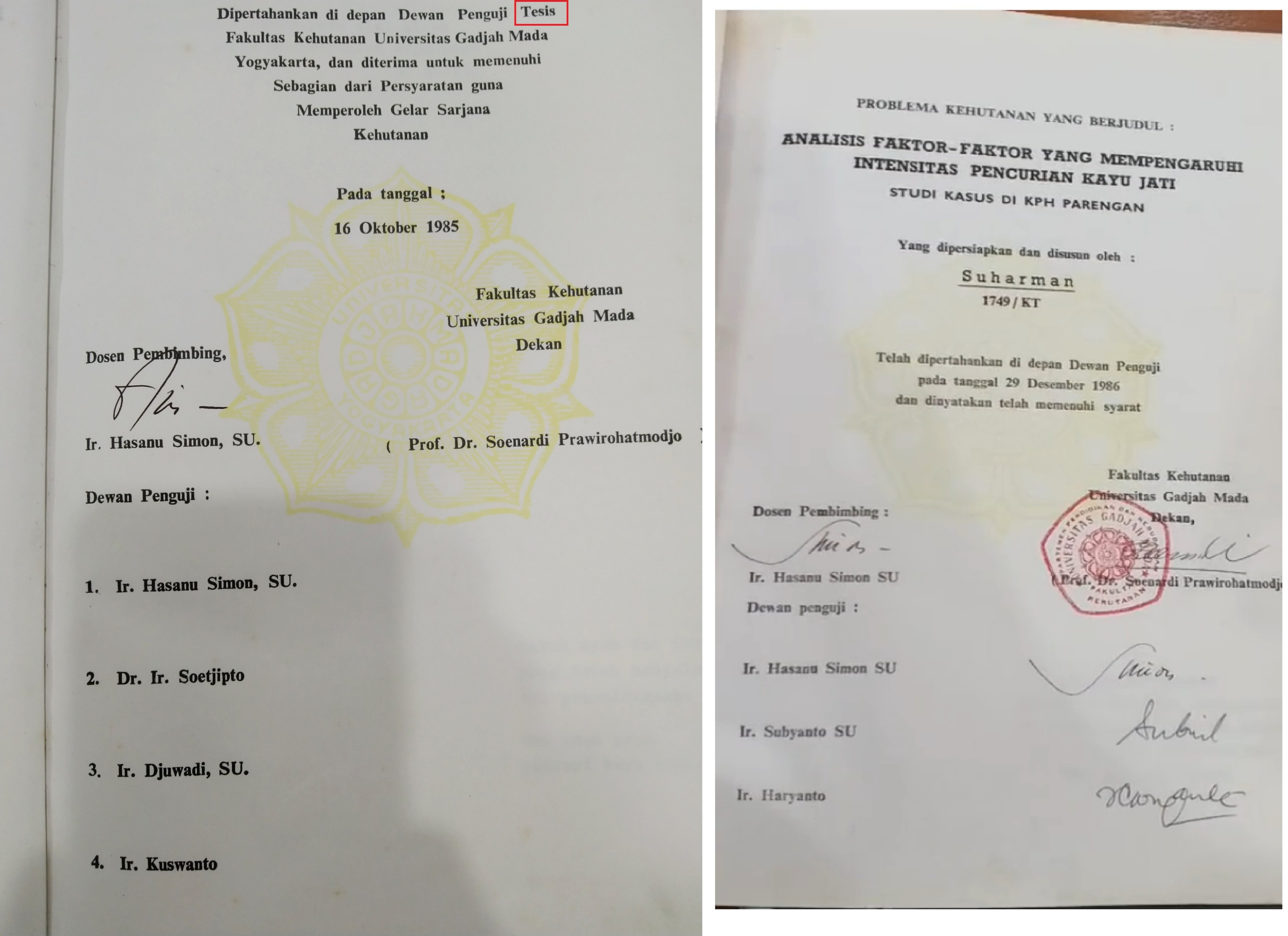 Lembar skripsi UGM tahun 1985 dan 1986.