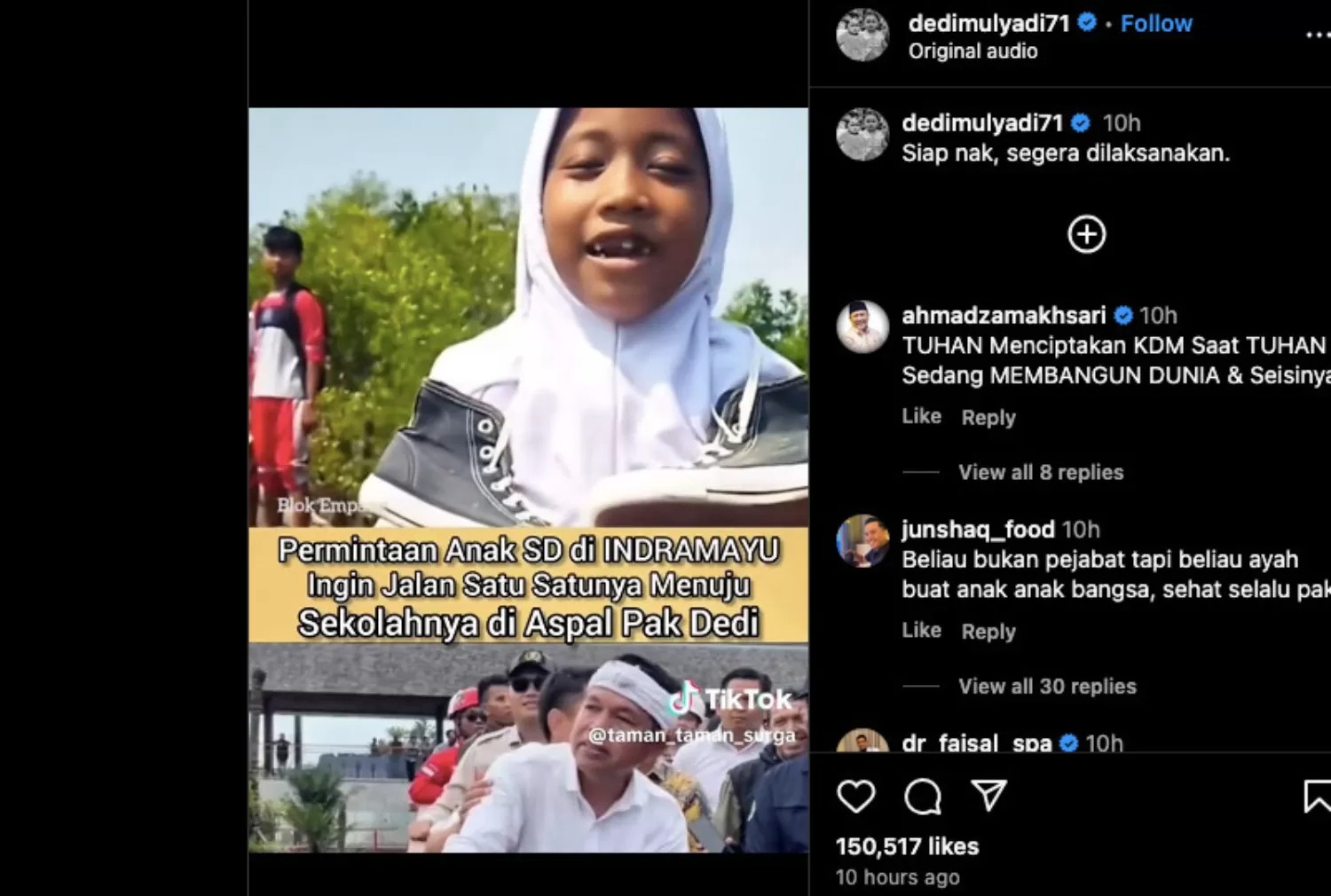 Bocah SD di Indramayu curhat ke Gubernur Jabar Dedi Mulyadi terkait jalan rusak menuju sekolah dan minta diperbaiki.