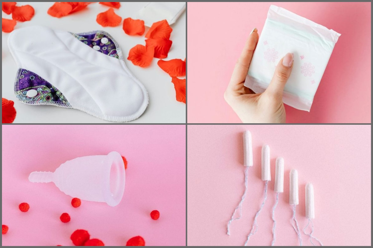 Kolase jenis pembalut (searah jarum jam) pembalut kain, pembalut sekali pakai, tampon dan terakhir menstrual cup.